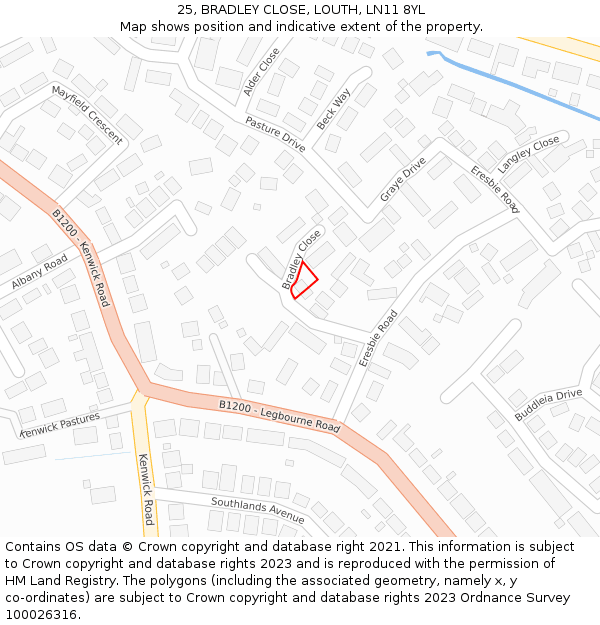 25, BRADLEY CLOSE, LOUTH, LN11 8YL: Location map and indicative extent of plot