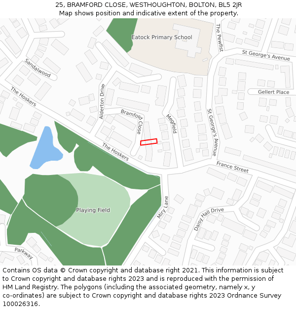 25, BRAMFORD CLOSE, WESTHOUGHTON, BOLTON, BL5 2JR: Location map and indicative extent of plot