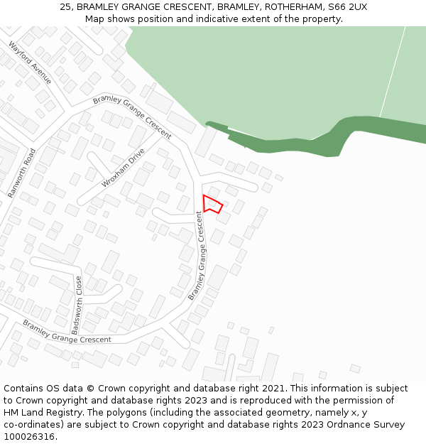 25, BRAMLEY GRANGE CRESCENT, BRAMLEY, ROTHERHAM, S66 2UX: Location map and indicative extent of plot