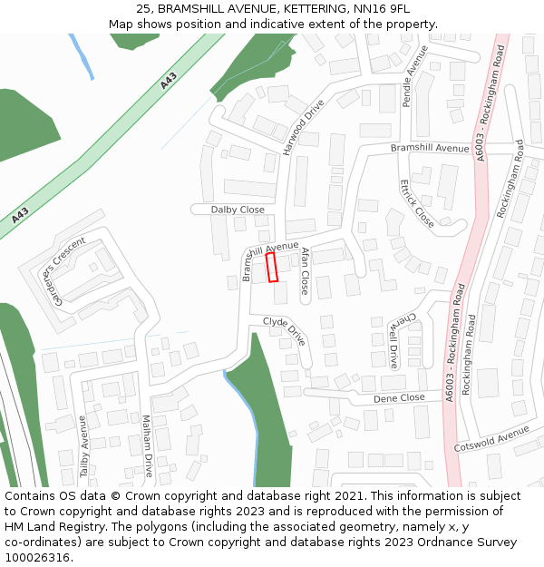 25, BRAMSHILL AVENUE, KETTERING, NN16 9FL: Location map and indicative extent of plot