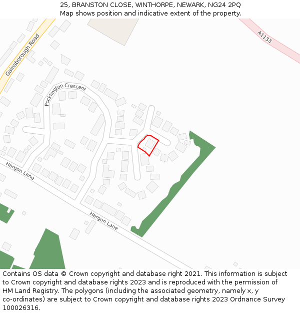 25, BRANSTON CLOSE, WINTHORPE, NEWARK, NG24 2PQ: Location map and indicative extent of plot