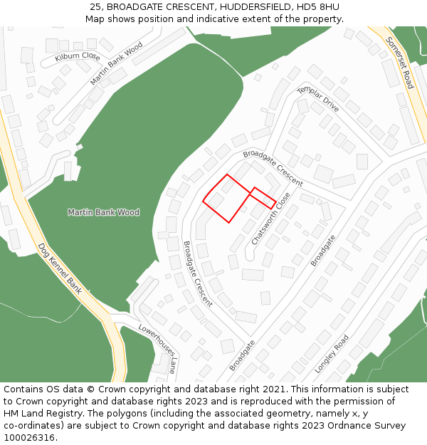 25, BROADGATE CRESCENT, HUDDERSFIELD, HD5 8HU: Location map and indicative extent of plot