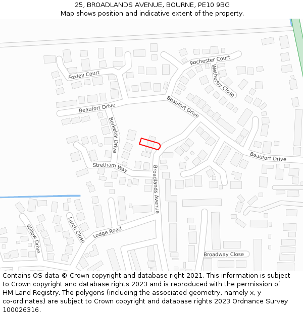 25, BROADLANDS AVENUE, BOURNE, PE10 9BG: Location map and indicative extent of plot