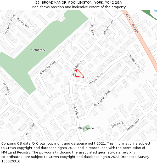 25, BROADMANOR, POCKLINGTON, YORK, YO42 2GA: Location map and indicative extent of plot