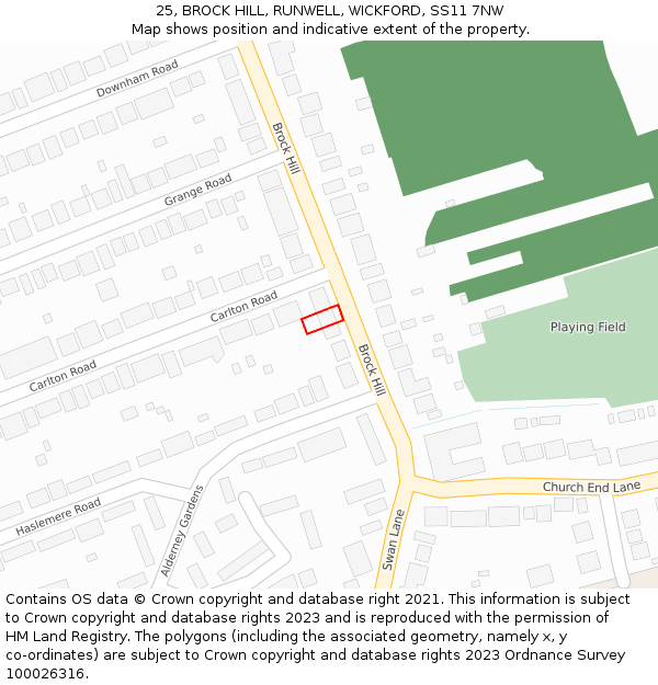 25, BROCK HILL, RUNWELL, WICKFORD, SS11 7NW: Location map and indicative extent of plot