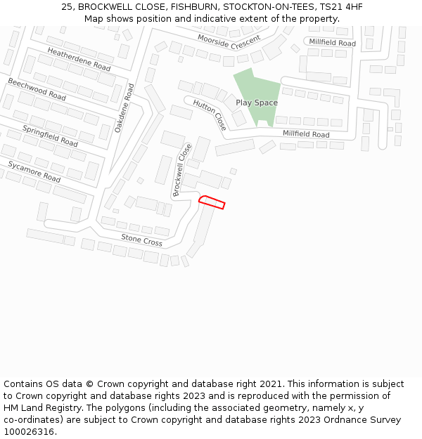 25, BROCKWELL CLOSE, FISHBURN, STOCKTON-ON-TEES, TS21 4HF: Location map and indicative extent of plot