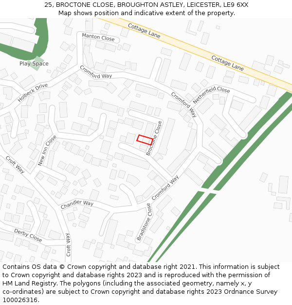 25, BROCTONE CLOSE, BROUGHTON ASTLEY, LEICESTER, LE9 6XX: Location map and indicative extent of plot