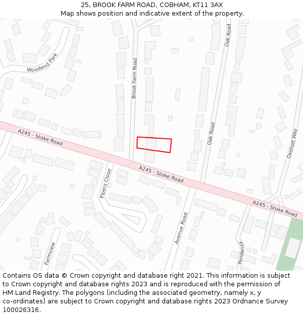 25, BROOK FARM ROAD, COBHAM, KT11 3AX: Location map and indicative extent of plot