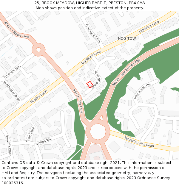 25, BROOK MEADOW, HIGHER BARTLE, PRESTON, PR4 0AA: Location map and indicative extent of plot