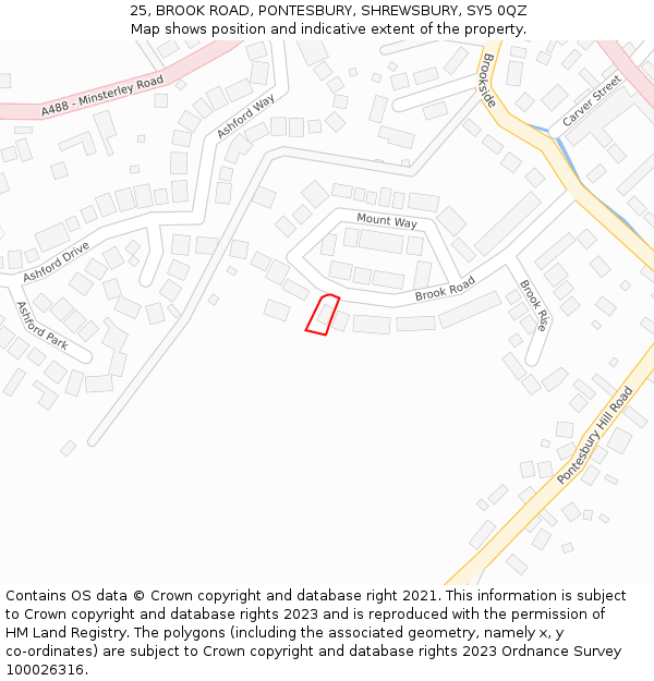 25, BROOK ROAD, PONTESBURY, SHREWSBURY, SY5 0QZ: Location map and indicative extent of plot