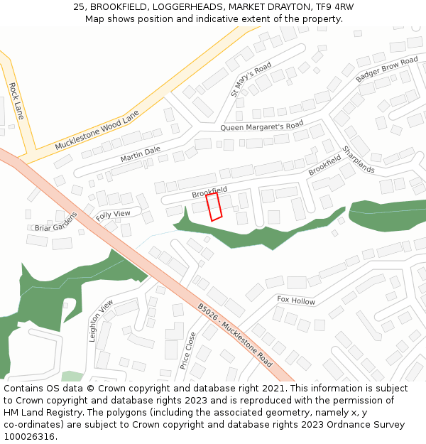 25, BROOKFIELD, LOGGERHEADS, MARKET DRAYTON, TF9 4RW: Location map and indicative extent of plot