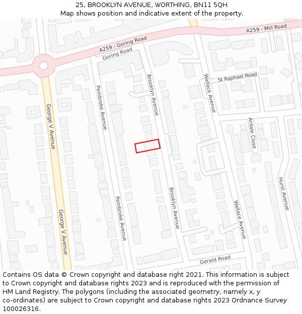 25, BROOKLYN AVENUE, WORTHING, BN11 5QH: Location map and indicative extent of plot