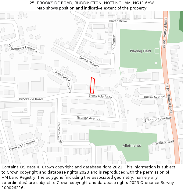 25, BROOKSIDE ROAD, RUDDINGTON, NOTTINGHAM, NG11 6AW: Location map and indicative extent of plot