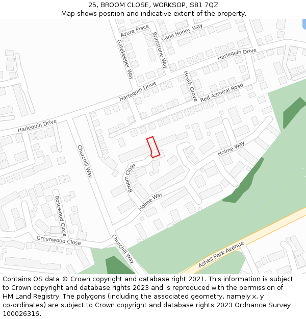 25, BROOM CLOSE, WORKSOP, S81 7QZ: Location map and indicative extent of plot