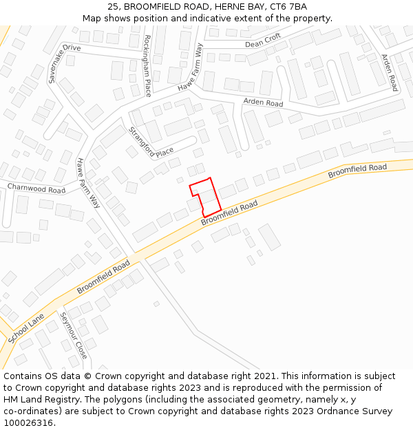 25, BROOMFIELD ROAD, HERNE BAY, CT6 7BA: Location map and indicative extent of plot