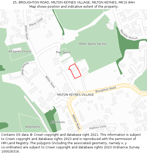 25, BROUGHTON ROAD, MILTON KEYNES VILLAGE, MILTON KEYNES, MK10 9AH: Location map and indicative extent of plot