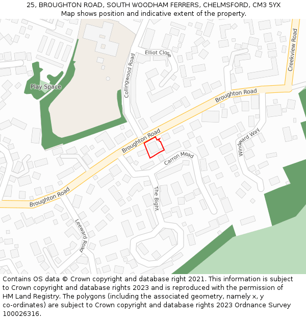 25, BROUGHTON ROAD, SOUTH WOODHAM FERRERS, CHELMSFORD, CM3 5YX: Location map and indicative extent of plot