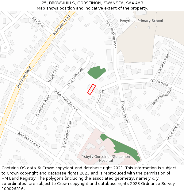 25, BROWNHILLS, GORSEINON, SWANSEA, SA4 4AB: Location map and indicative extent of plot