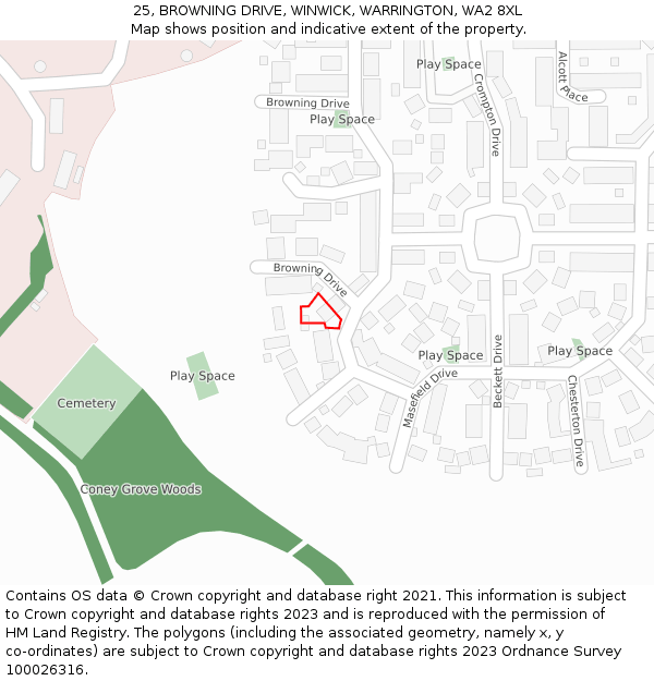 25, BROWNING DRIVE, WINWICK, WARRINGTON, WA2 8XL: Location map and indicative extent of plot