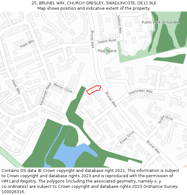 25, BRUNEL WAY, CHURCH GRESLEY, SWADLINCOTE, DE11 9LE: Location map and indicative extent of plot