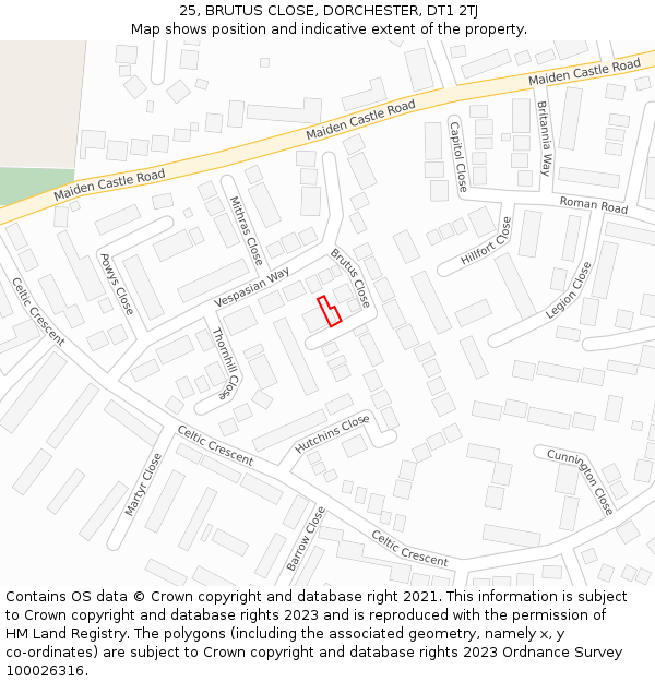 25, BRUTUS CLOSE, DORCHESTER, DT1 2TJ: Location map and indicative extent of plot