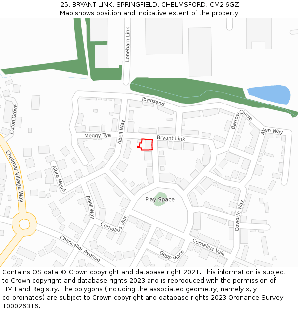 25, BRYANT LINK, SPRINGFIELD, CHELMSFORD, CM2 6GZ: Location map and indicative extent of plot