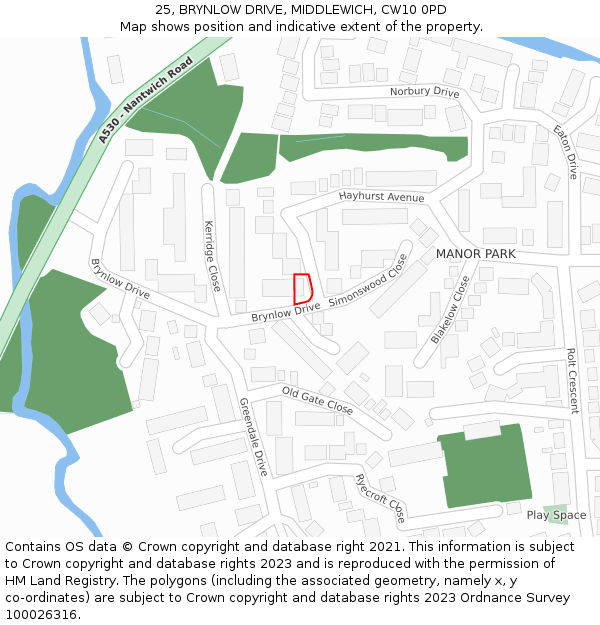 25, BRYNLOW DRIVE, MIDDLEWICH, CW10 0PD: Location map and indicative extent of plot