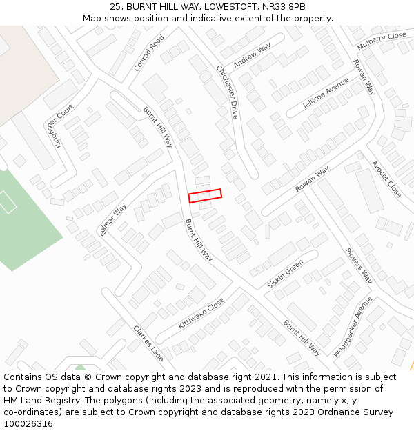 25, BURNT HILL WAY, LOWESTOFT, NR33 8PB: Location map and indicative extent of plot