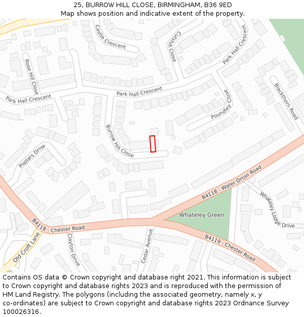 25, BURROW HILL CLOSE, BIRMINGHAM, B36 9ED: Location map and indicative extent of plot