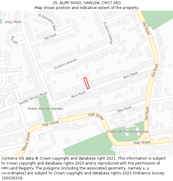 25, BURY ROAD, HARLOW, CM17 0ED: Location map and indicative extent of plot