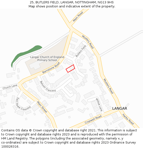 25, BUTLERS FIELD, LANGAR, NOTTINGHAM, NG13 9HS: Location map and indicative extent of plot