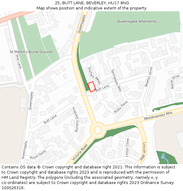 25, BUTT LANE, BEVERLEY, HU17 8NG: Location map and indicative extent of plot