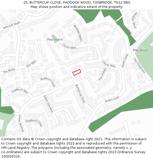 25, BUTTERCUP CLOSE, PADDOCK WOOD, TONBRIDGE, TN12 6BG: Location map and indicative extent of plot