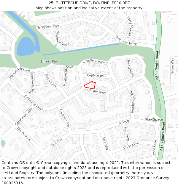 25, BUTTERCUP DRIVE, BOURNE, PE10 0PZ: Location map and indicative extent of plot