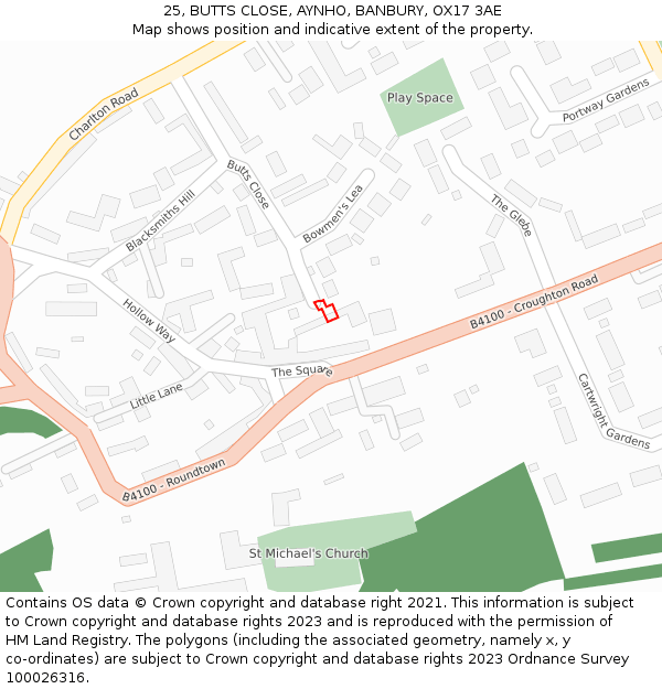 25, BUTTS CLOSE, AYNHO, BANBURY, OX17 3AE: Location map and indicative extent of plot