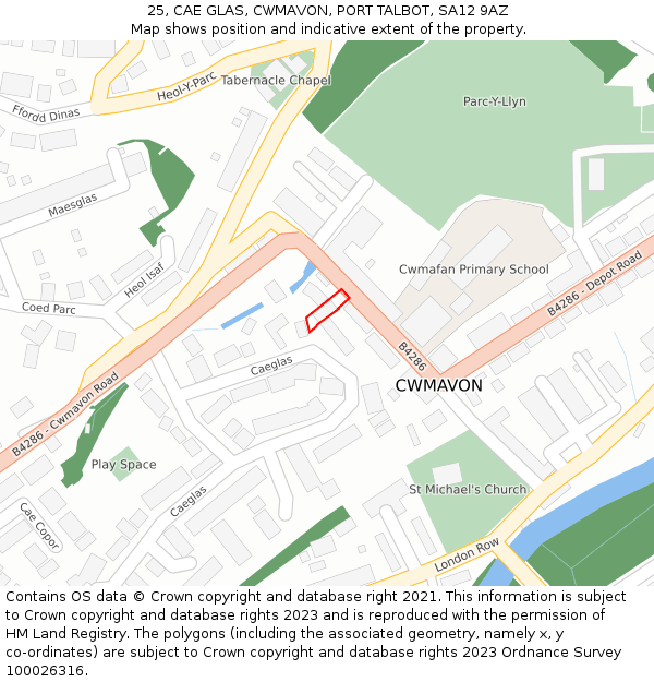 25, CAE GLAS, CWMAVON, PORT TALBOT, SA12 9AZ: Location map and indicative extent of plot