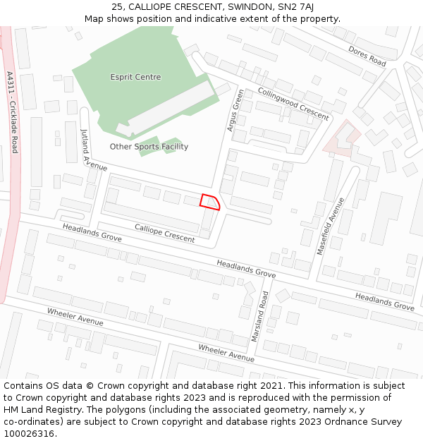 25, CALLIOPE CRESCENT, SWINDON, SN2 7AJ: Location map and indicative extent of plot