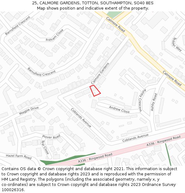 25, CALMORE GARDENS, TOTTON, SOUTHAMPTON, SO40 8ES: Location map and indicative extent of plot