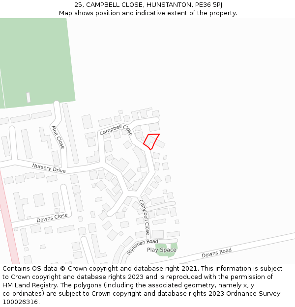 25, CAMPBELL CLOSE, HUNSTANTON, PE36 5PJ: Location map and indicative extent of plot