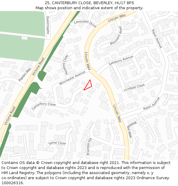 25, CANTERBURY CLOSE, BEVERLEY, HU17 8PS: Location map and indicative extent of plot