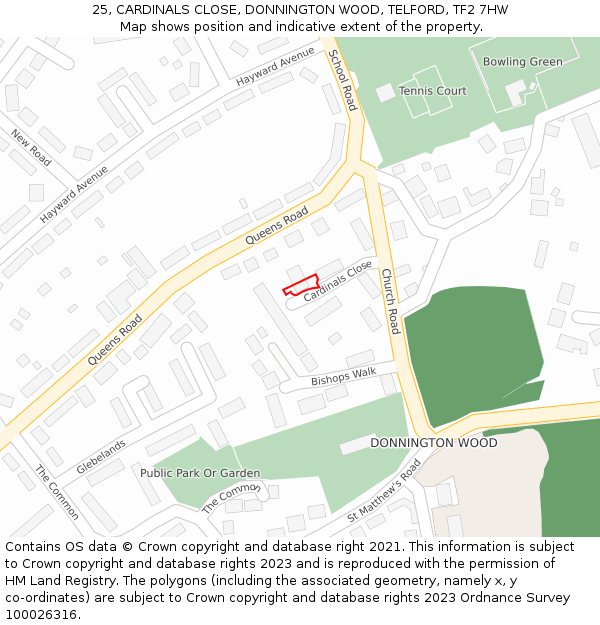 25, CARDINALS CLOSE, DONNINGTON WOOD, TELFORD, TF2 7HW: Location map and indicative extent of plot