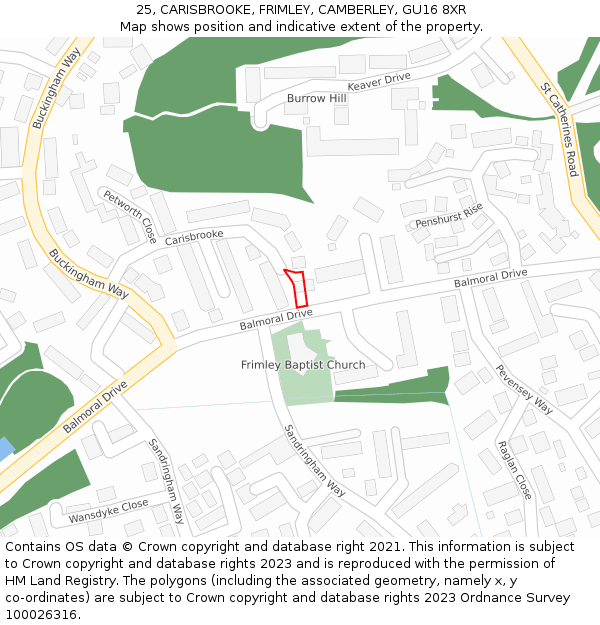 25, CARISBROOKE, FRIMLEY, CAMBERLEY, GU16 8XR: Location map and indicative extent of plot