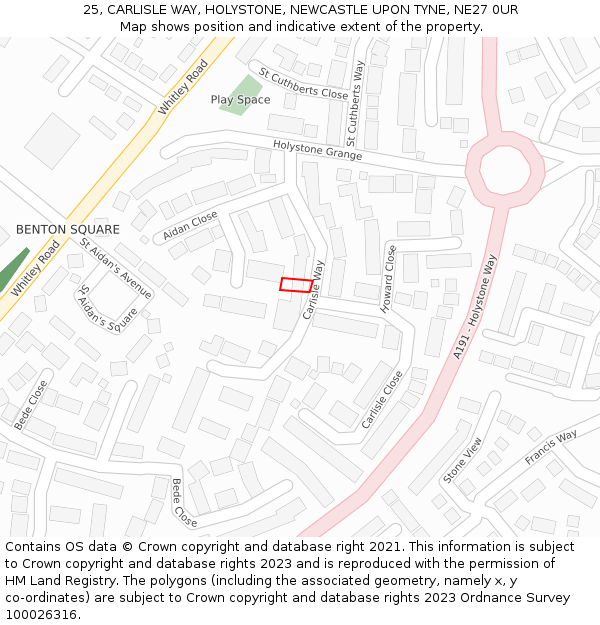 25, CARLISLE WAY, HOLYSTONE, NEWCASTLE UPON TYNE, NE27 0UR: Location map and indicative extent of plot