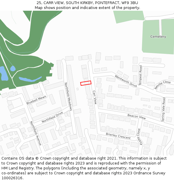 25, CARR VIEW, SOUTH KIRKBY, PONTEFRACT, WF9 3BU: Location map and indicative extent of plot