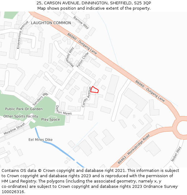 25, CARSON AVENUE, DINNINGTON, SHEFFIELD, S25 3QP: Location map and indicative extent of plot