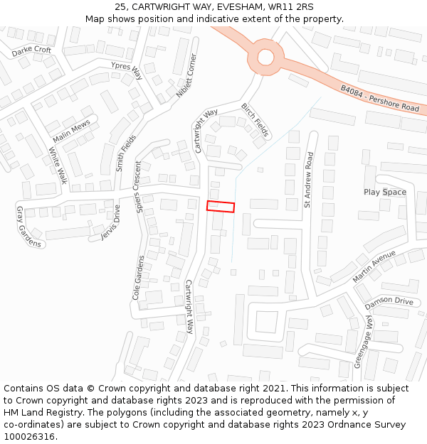 25, CARTWRIGHT WAY, EVESHAM, WR11 2RS: Location map and indicative extent of plot