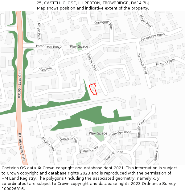 25, CASTELL CLOSE, HILPERTON, TROWBRIDGE, BA14 7UJ: Location map and indicative extent of plot