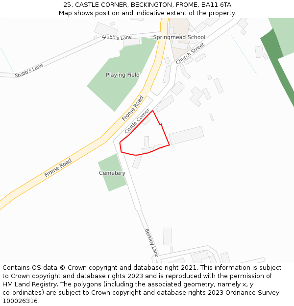 25, CASTLE CORNER, BECKINGTON, FROME, BA11 6TA: Location map and indicative extent of plot