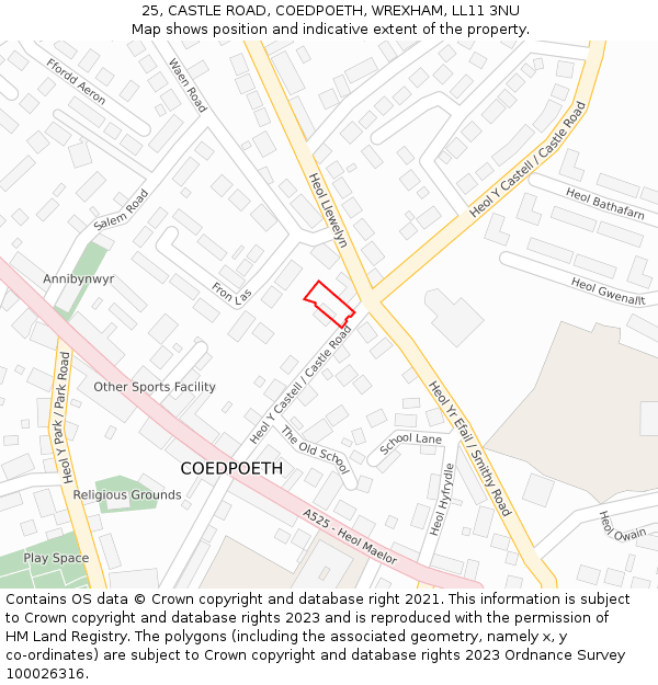 25, CASTLE ROAD, COEDPOETH, WREXHAM, LL11 3NU: Location map and indicative extent of plot