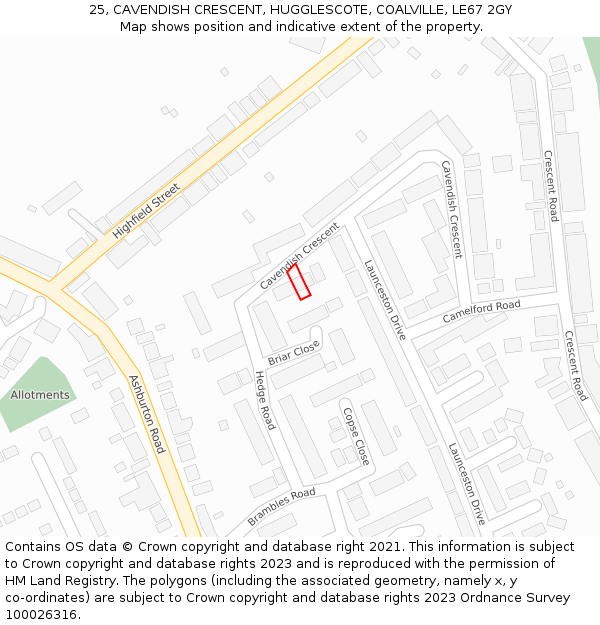 25, CAVENDISH CRESCENT, HUGGLESCOTE, COALVILLE, LE67 2GY: Location map and indicative extent of plot